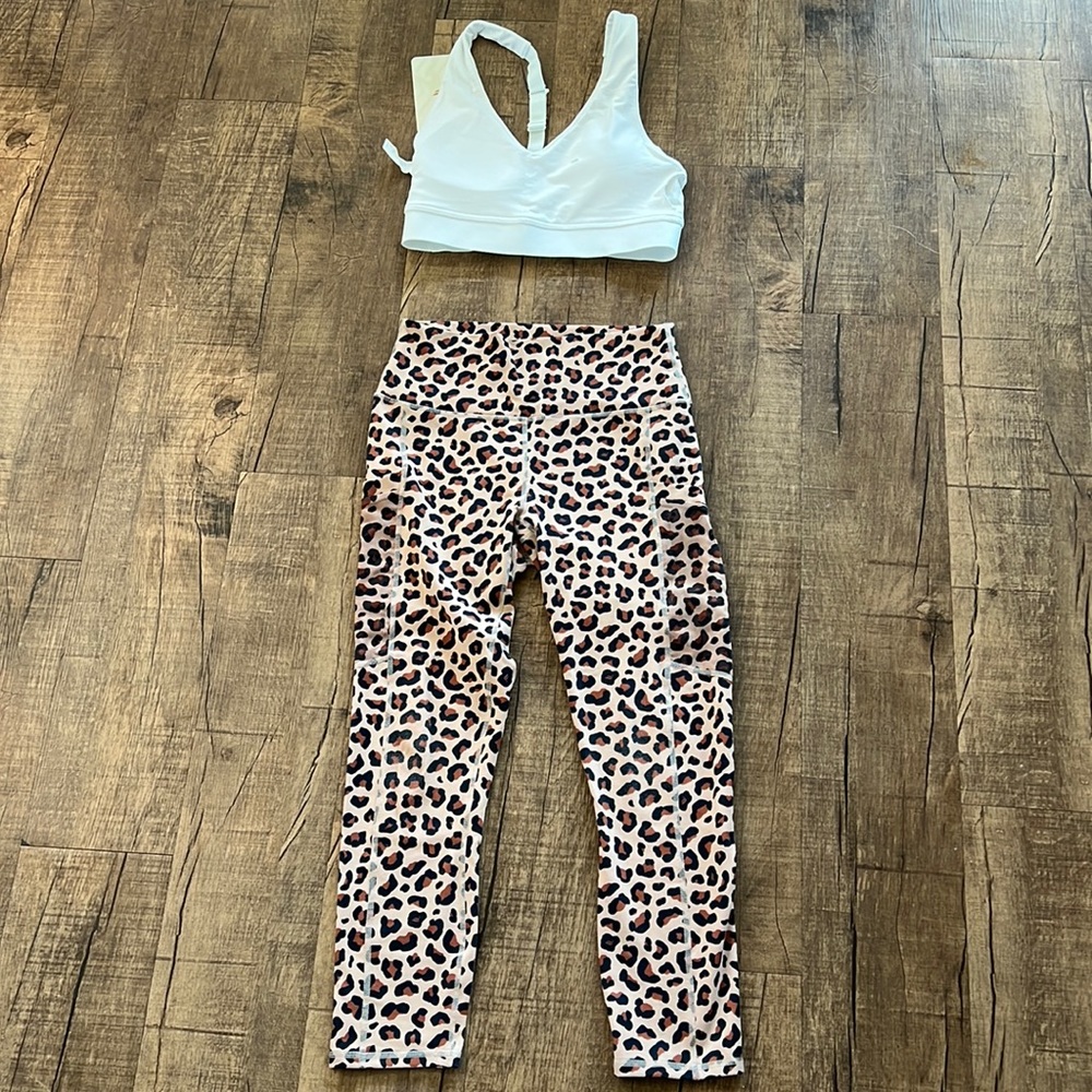 Fabletics White Top and Leopard Print Leggings Set